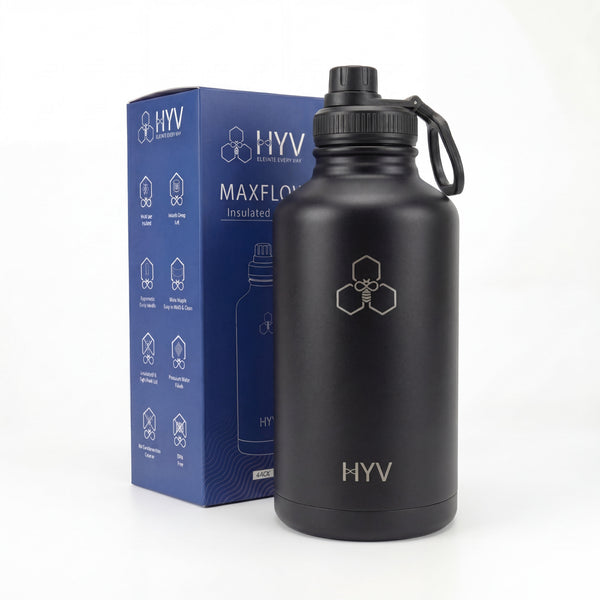 HYV MaxFlow 2 litre bottle in midnight black, beside its blue retail box