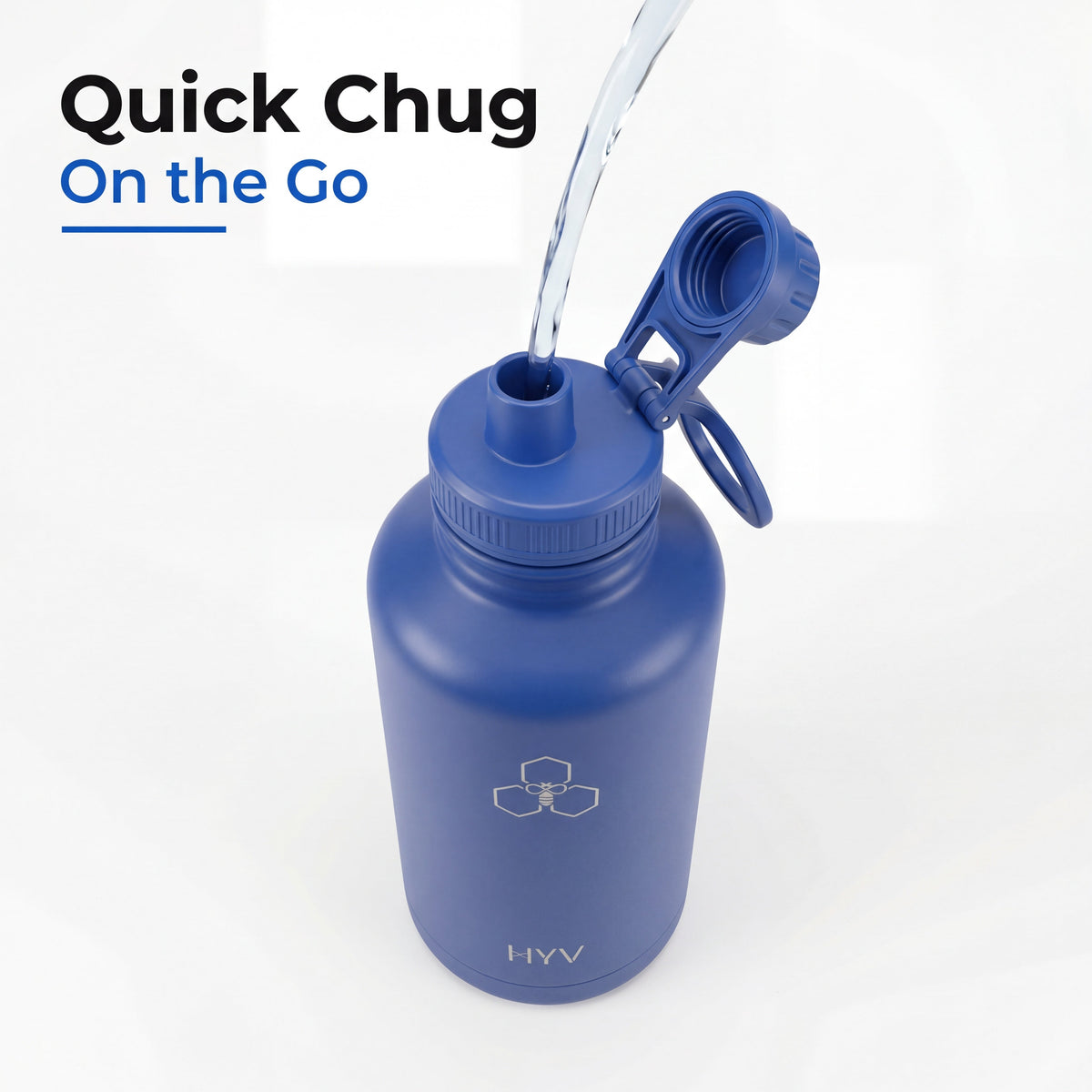 Water pouring into the open wide mouth of a navy HYV MaxFlow bottle