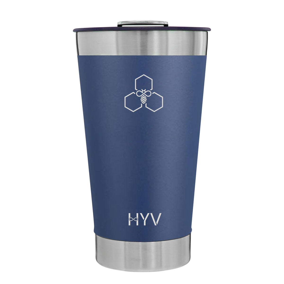 HYV OpenFlow 470ml insulated tumbler in slate blue with its sliding lid closed