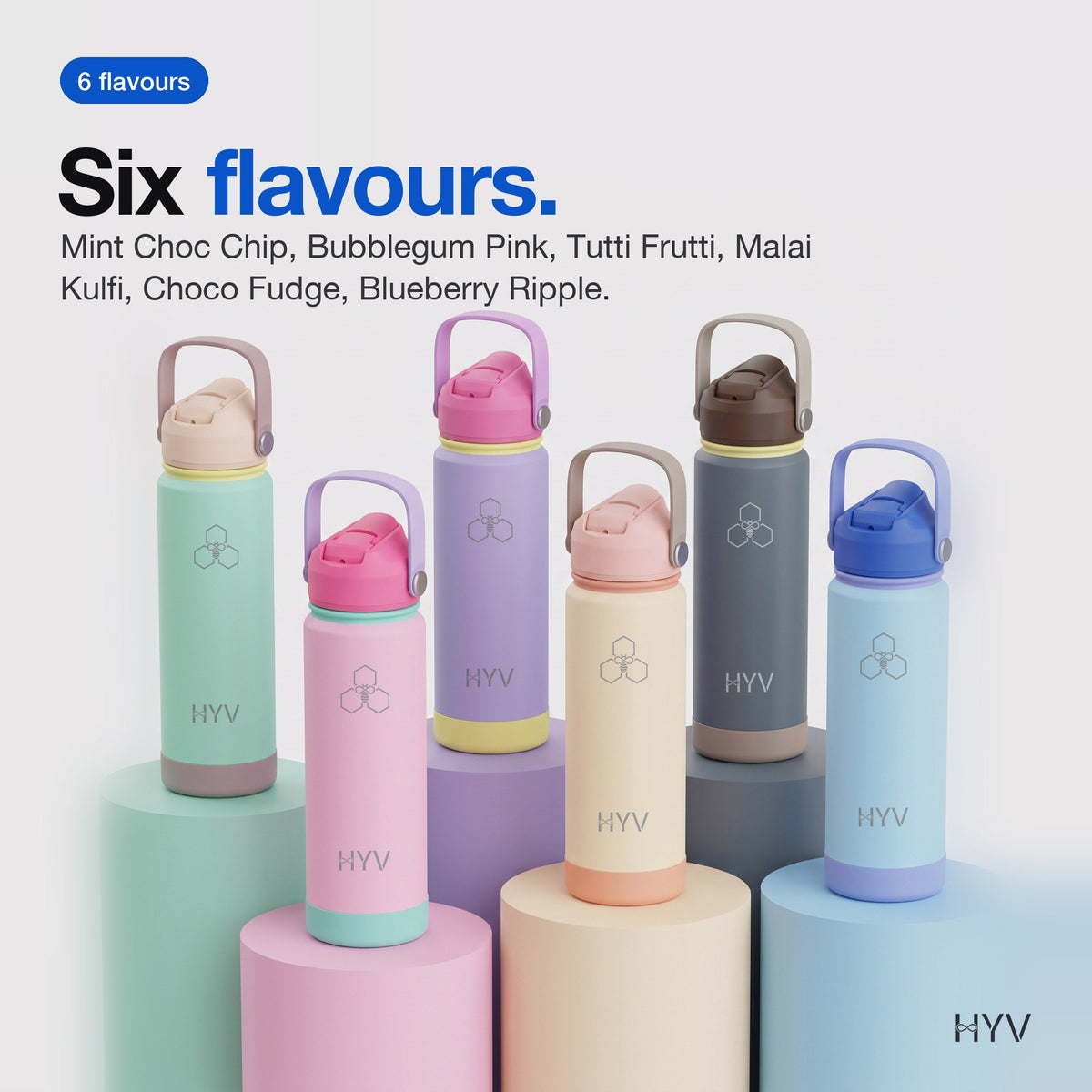 HYV PopSip: all six flavours side by side