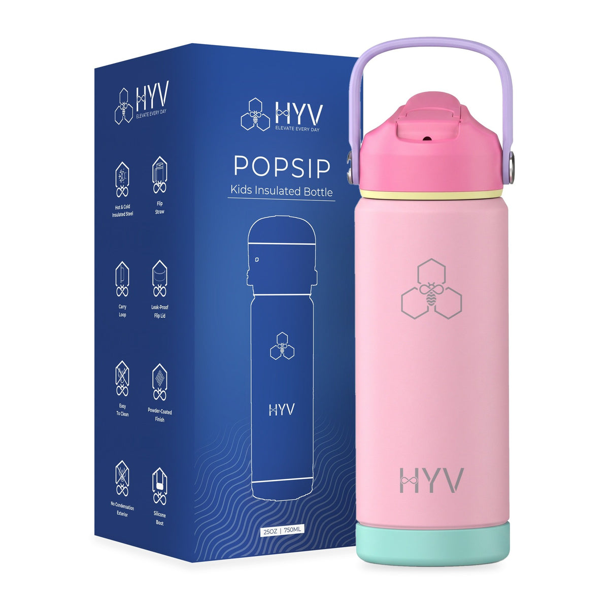 HYV PopSip in Bubblegum Pink, beside its blue HYV box