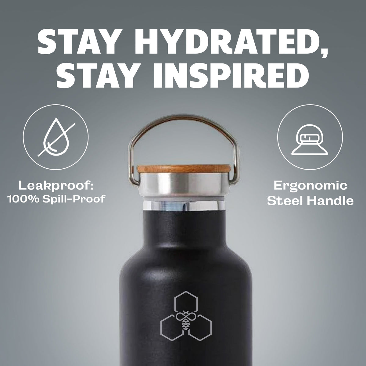 Black HYV SlimPro bottle with icons for the sealed lid and the steel handle