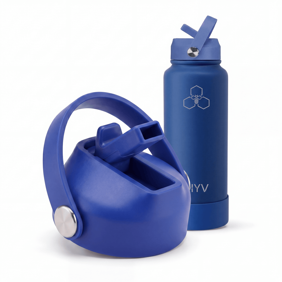 HYV flip-top sipper lid in cobalt blue, shown in front of a matching 1 litre bottle