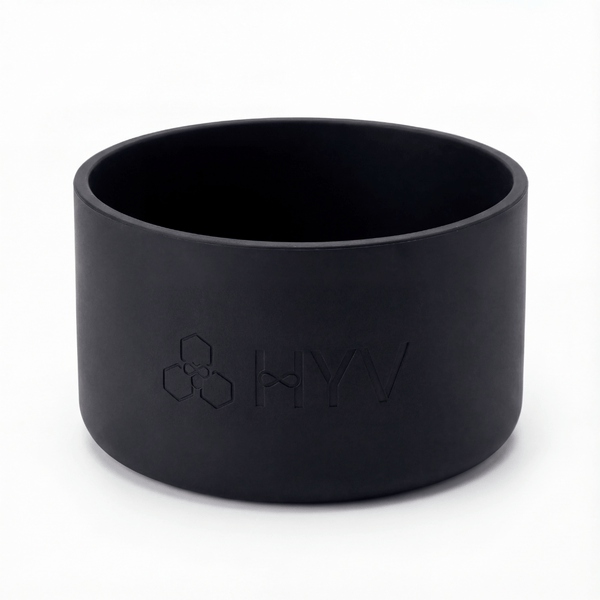 HYV silicone bottle boot in midnight black, embossed with the HYV mark