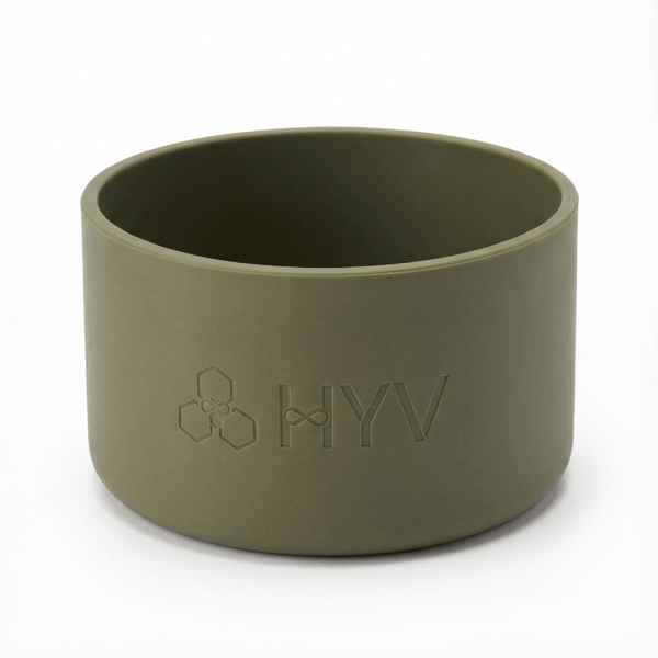 HYV silicone bottle boot in olive green, embossed with the HYV mark
