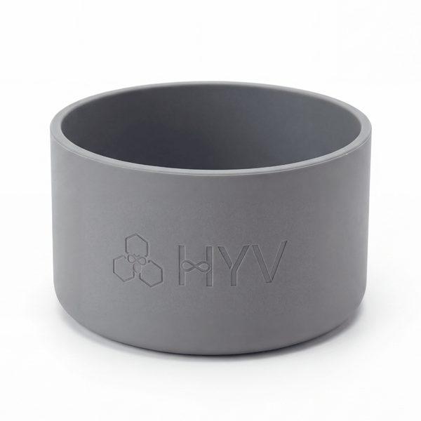 HYV silicone bottle boot in charcoal grey, embossed with the HYV mark