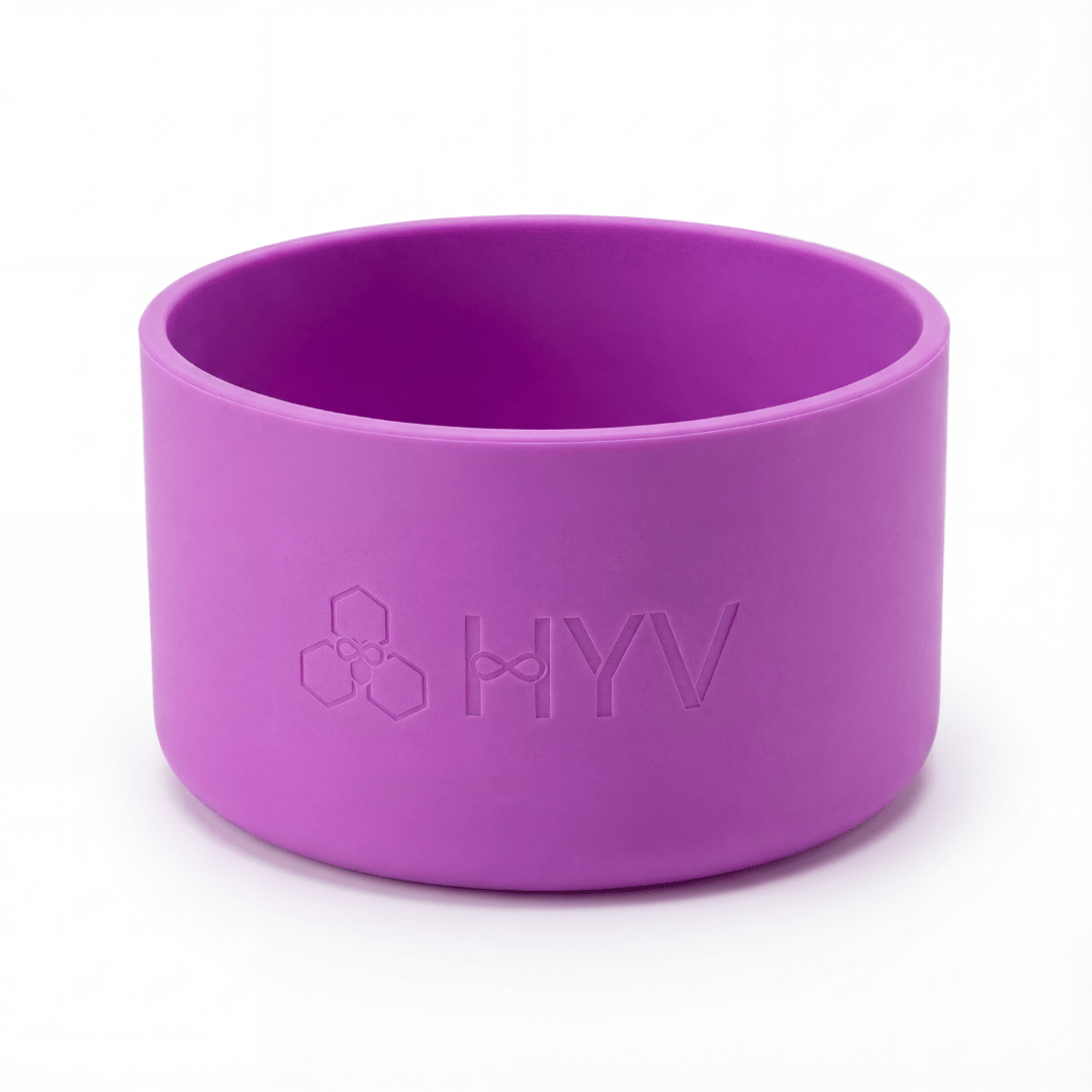 HYV silicone bottle boot in orchid purple, embossed with the HYV mark