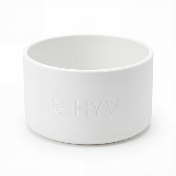 HYV silicone bottle boot in arctic white, embossed with the HYV mark