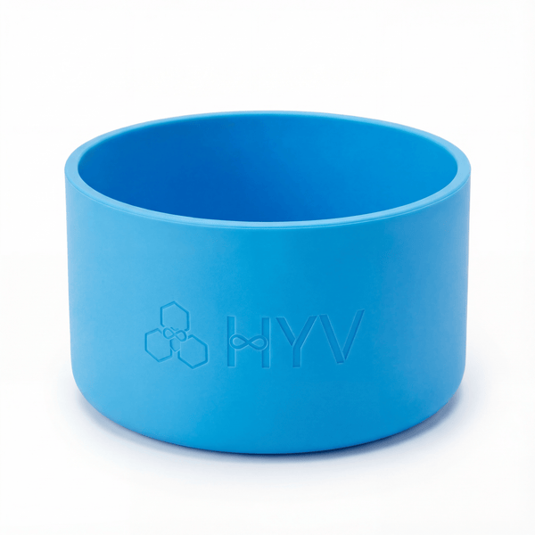 HYV silicone bottle boot in sky blue, embossed with the HYV mark