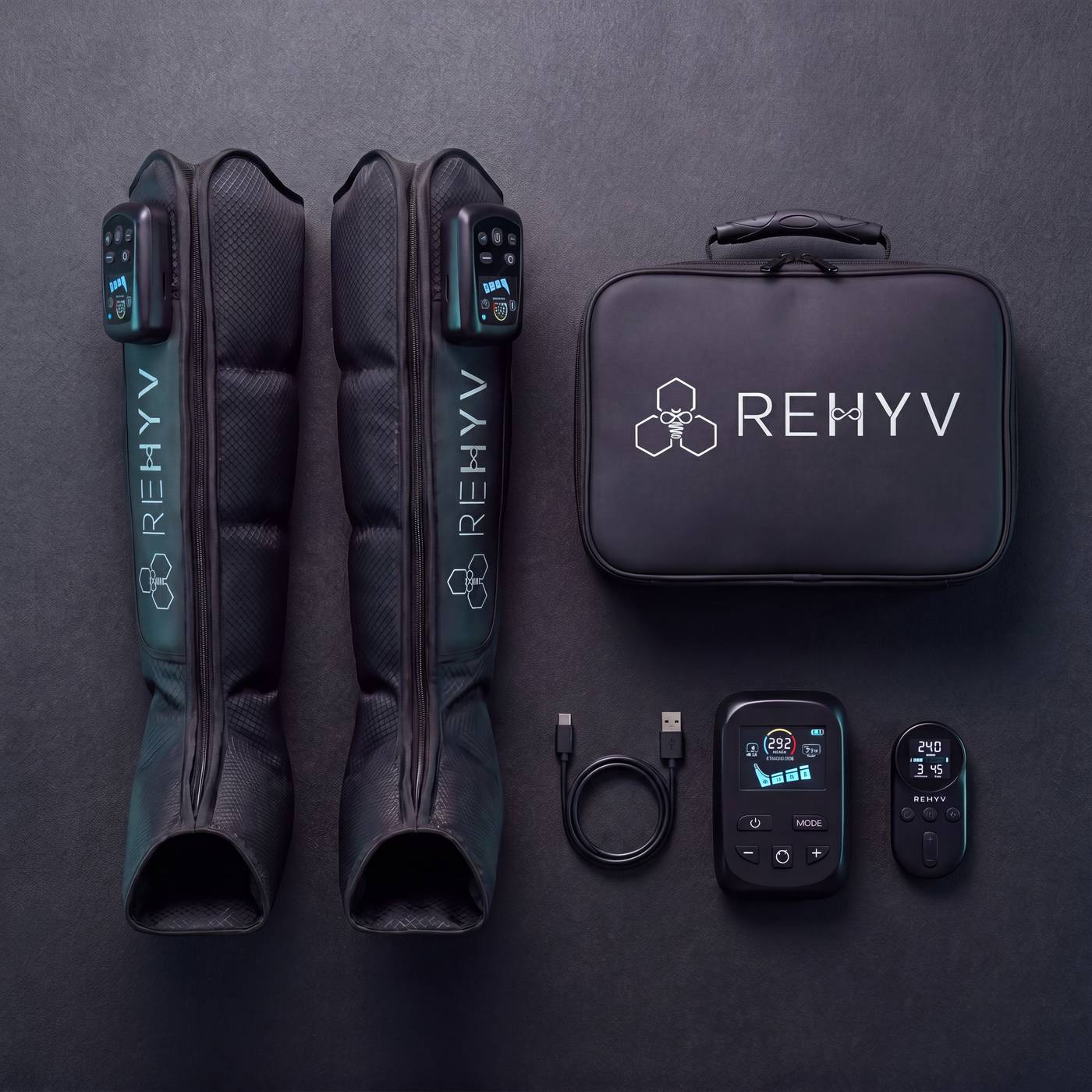 ReHYV Pulse Pro carry case opened — leg sleeves, controller, wireless remote arranged inside