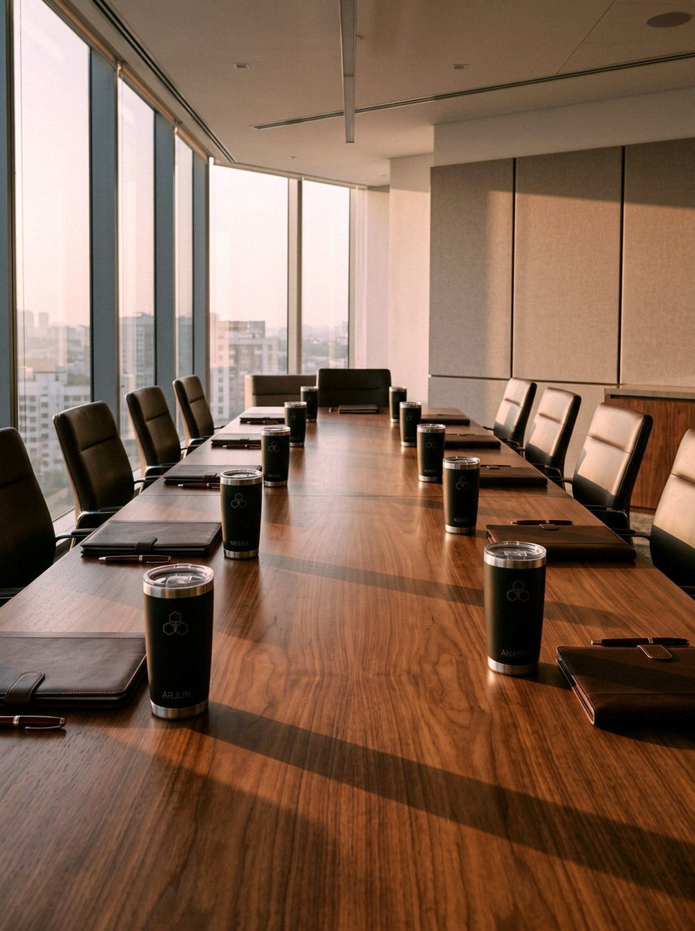 HYV tumblers set at every seat of a boardroom table at dusk