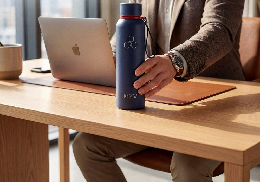A HYV bottle beside a laptop on a wooden desk